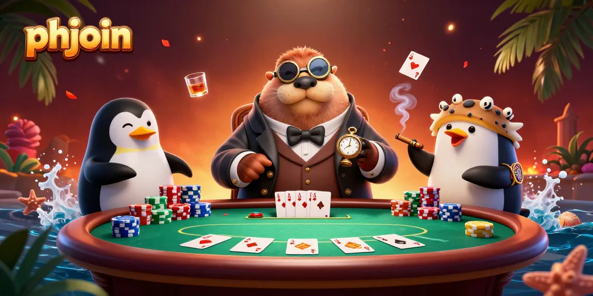 Experience poker excitement with phjoin as a walrus, penguin dealer, and pufferfish bluffing.