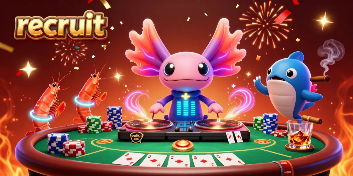 Recruit players at the casino with a lively 3D scene of a DJ and vibrant shrimp, showcasing poker action.