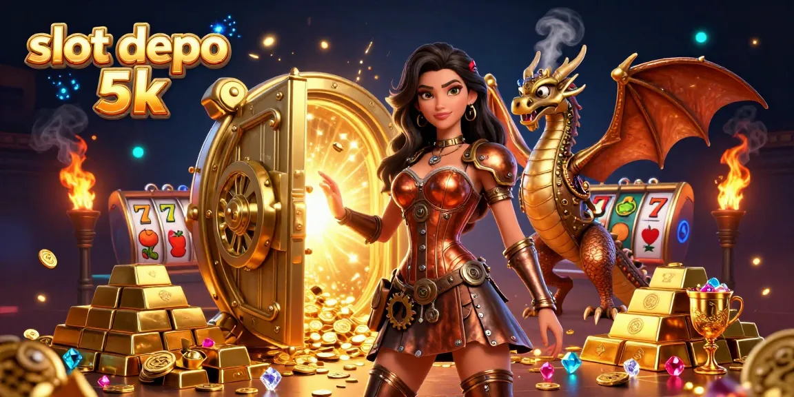 Spin and win big with slot depo 5k, showcasing a vibrant 3D casino scene filled with slot reels and treasures.
