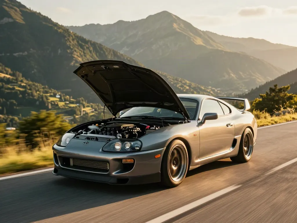 The A80 platform Toyota Supra driving on a scenic mountain road, showcasing its design and driving culture.
