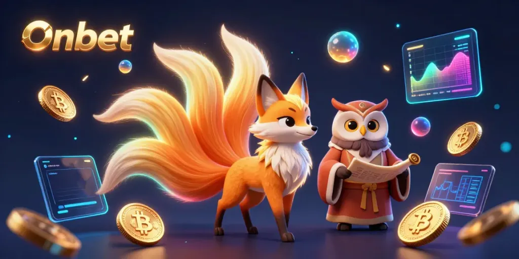 Join the Onbet gaming adventure with glowing nine-tailed fox and wise owl icons amidst crypto-inspired elements.