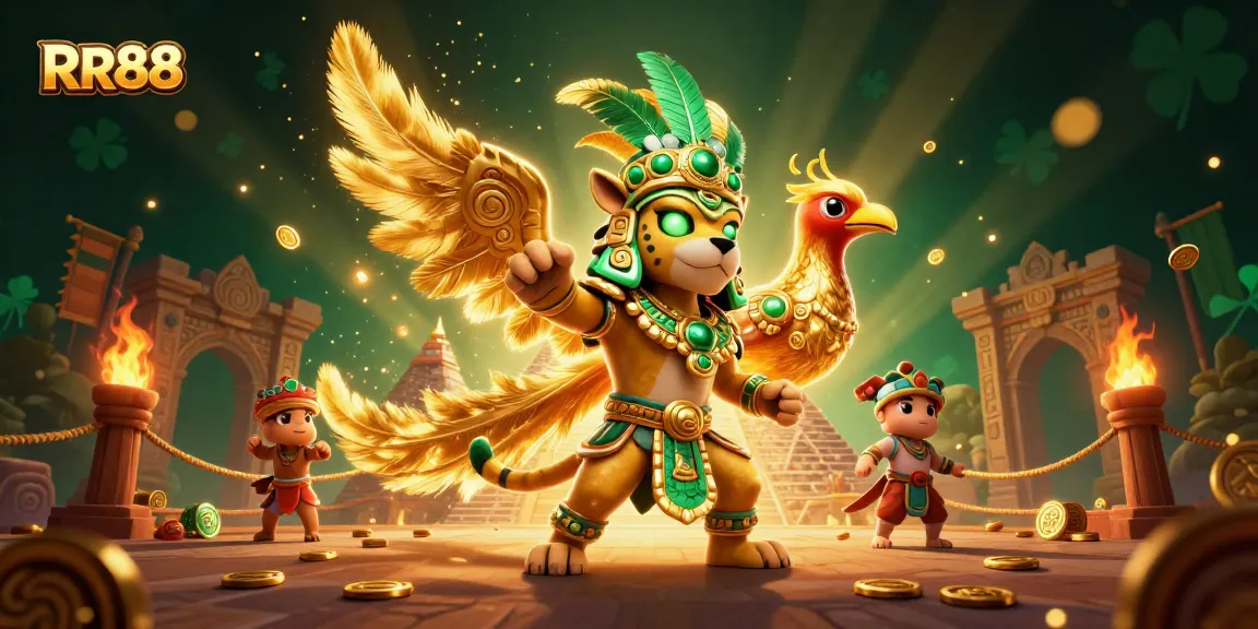Experience the excitement of RR88 as a Mayan jaguar priest and quetzal bird command a vibrant casino scene filled with golden coins and betting tokens.