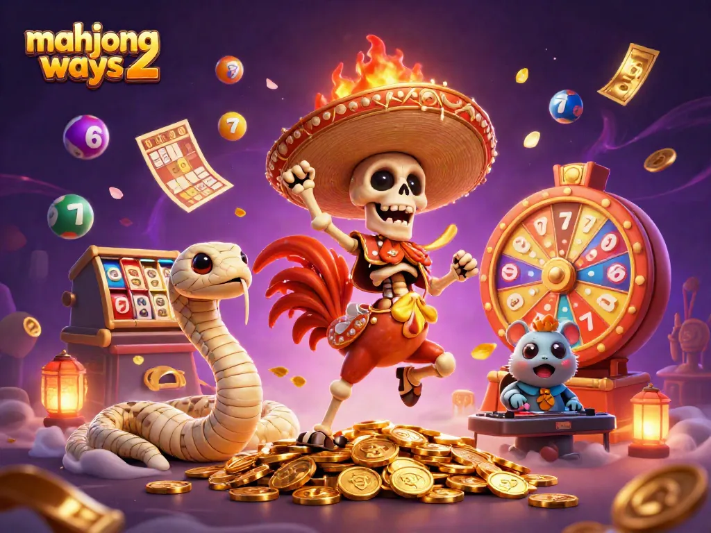 Celebrate wins with mahjong ways 2 featuring a lively mariach rooster on a pile of coins amidst dynamic gaming elements.