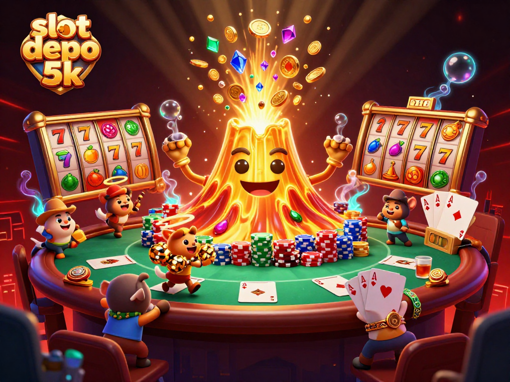 Experience thrilling gameplay with slot depo 5k in a vibrant 3D illustration featuring a golden volcano and rich casino elements.