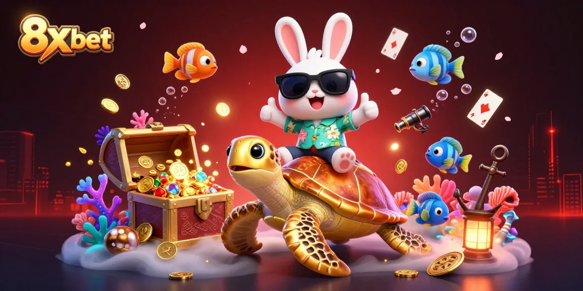 Experience thrilling gameplay with 8x bet as a lucky rabbit rides a golden turtle, surrounded by casino treasures.