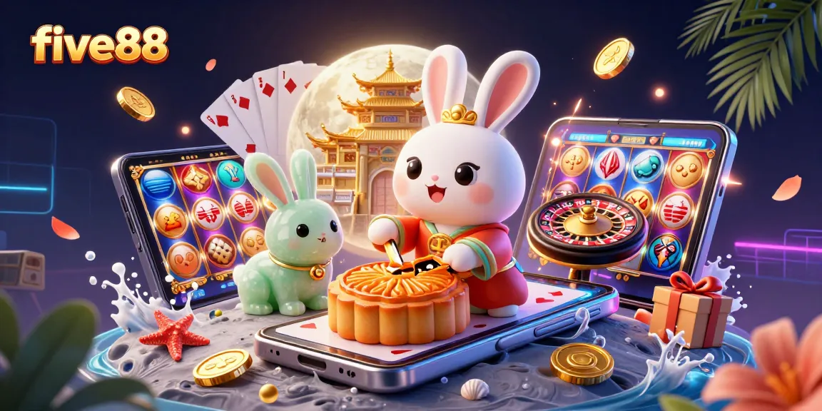 Experience the thrilling five88 casino scene with a rabbit pounding mooncakes revealing poker chips.