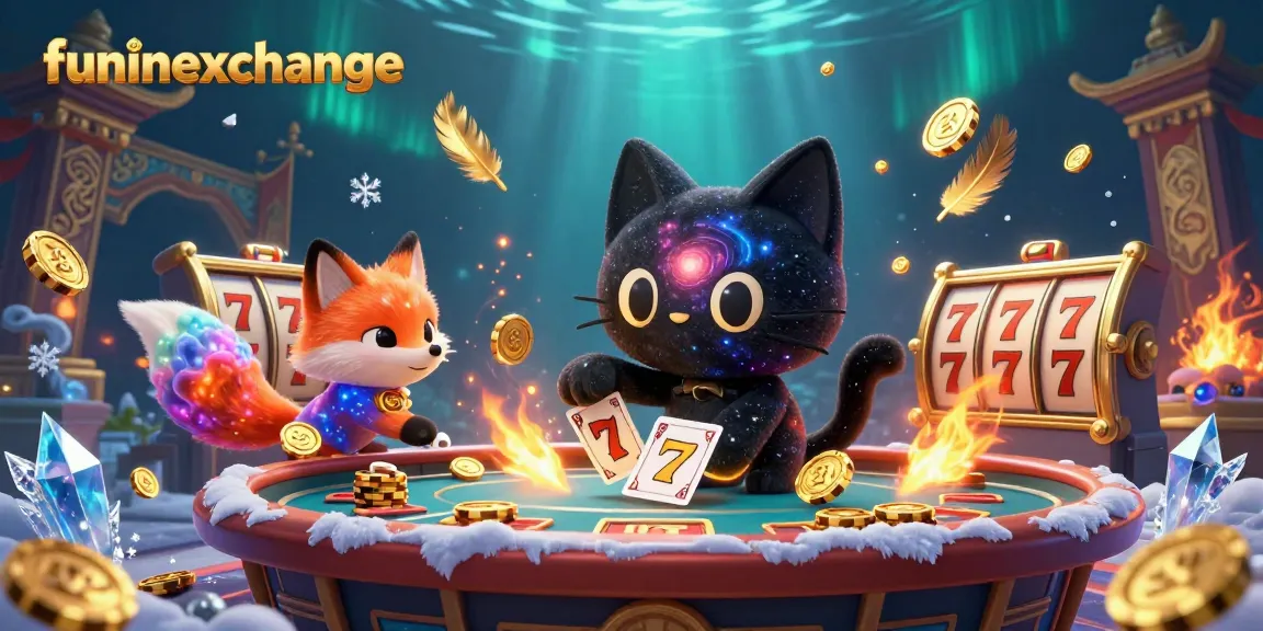 Experience funinexchange with a vibrant cosmic casino scene featuring a cartoon black hole cat and colorful nebula fox.