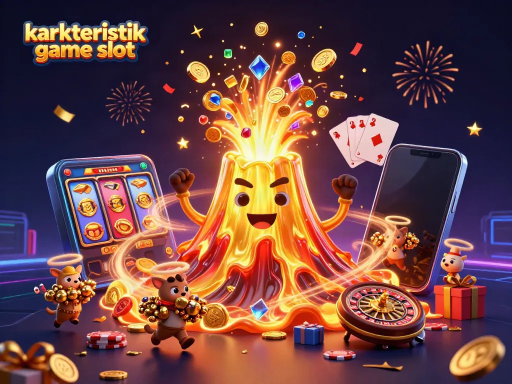 Menampilkan karakteristik game slot dengan gunung berapi emas dan hewan penjelajah membawa harta karun.