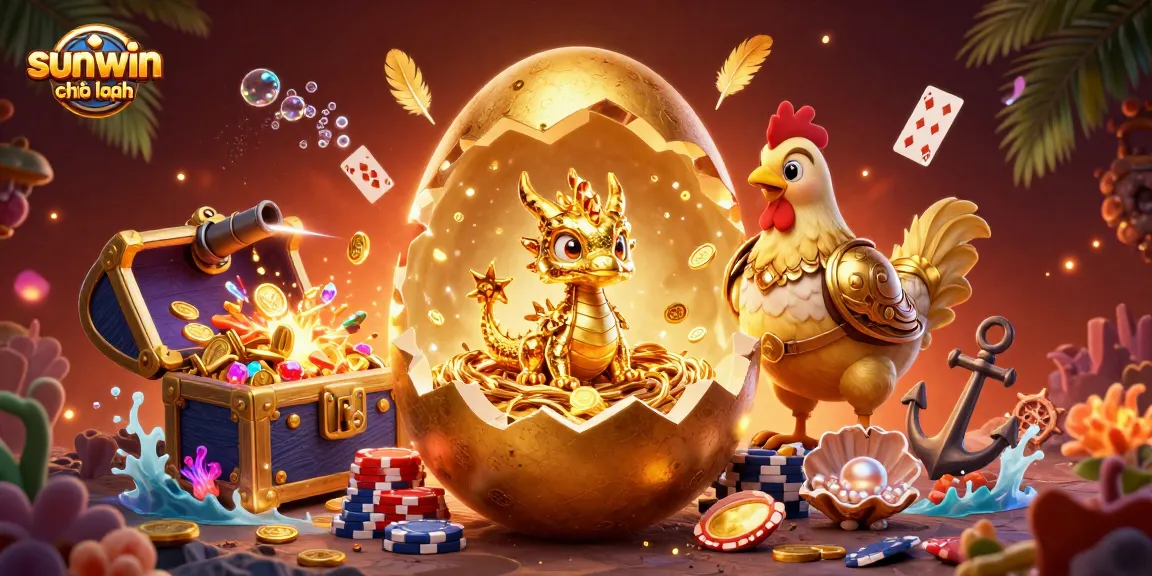 Experience sunwin chính hãng with a vibrant scene featuring a golden dragon, poker chips, and casino elements.