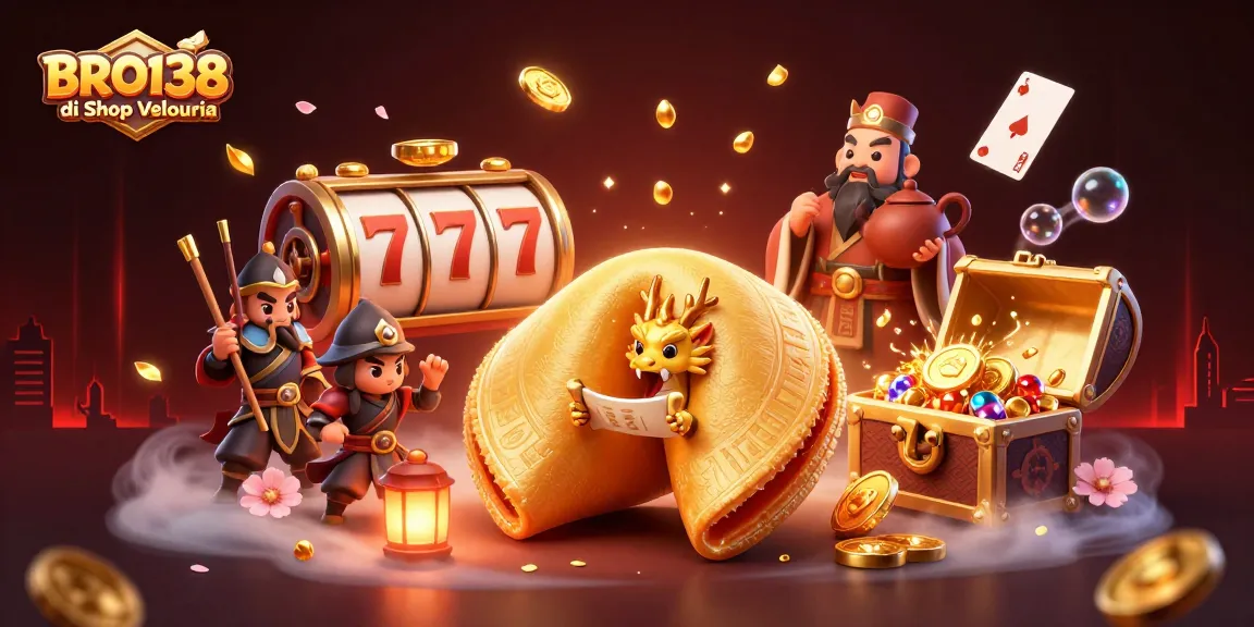 Experience excitement with BRO138 di Shop Velouria through vibrant slot reels and golden treasure in this illustration.