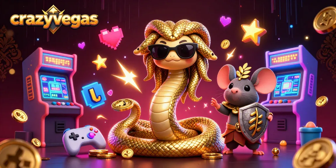 Cute Medusa and a warrior mouse in a vibrant casino scene at crazyvegas, bursting with 3D gaming elements.
