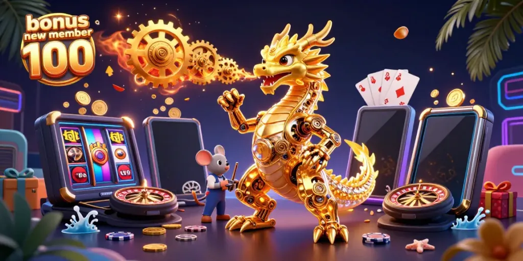 Engage with bonus new member 100 gaming fun through a vibrant 3D casino scene filled with excitement.