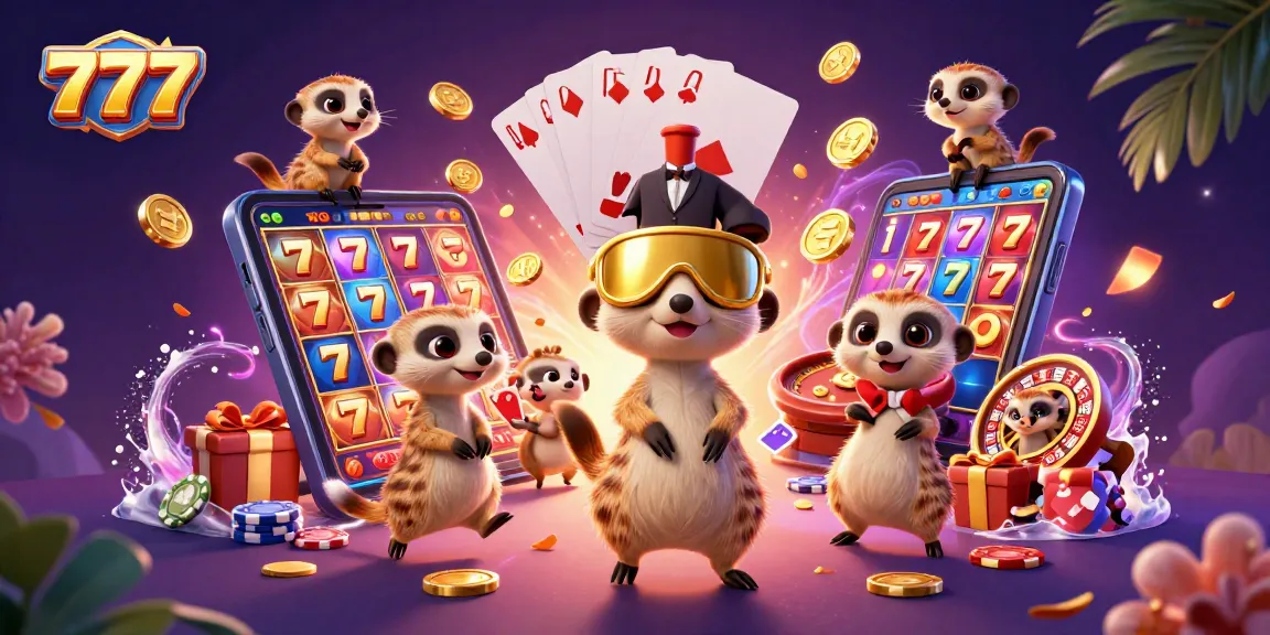 Experience 777 luck with cartoon meerkats running a vibrant casino operation, showcasing colorful slot games.