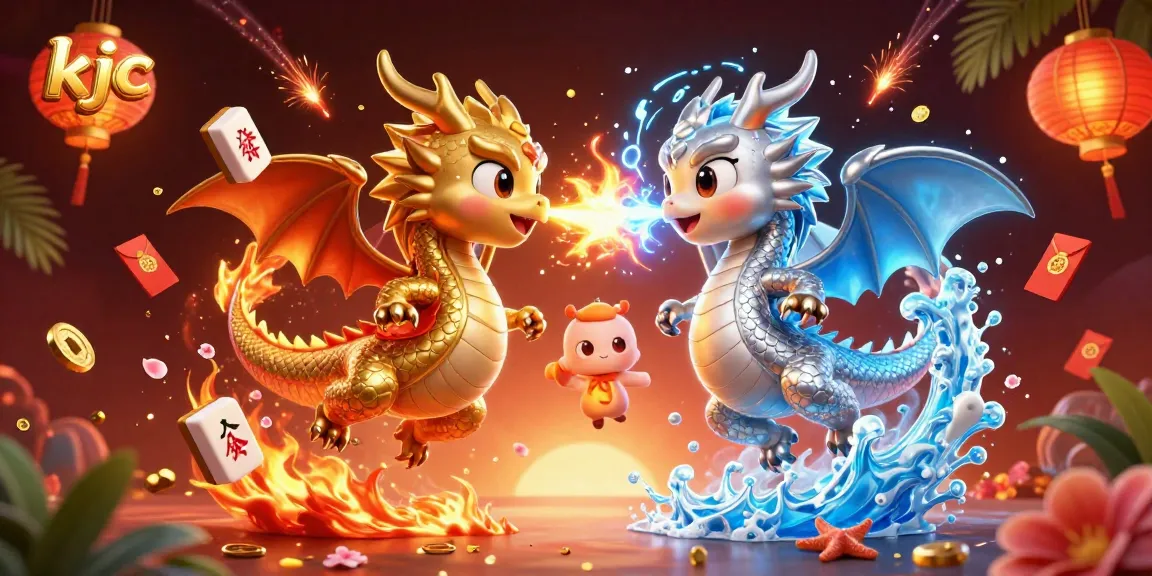 Engage with the dynamic KJC casino experience featuring vibrant dragons, festive decorations, and gaming elements.
