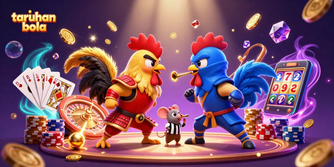 Engage in taruhan bola with an intense face-off between roosters in a vibrant casino setting.