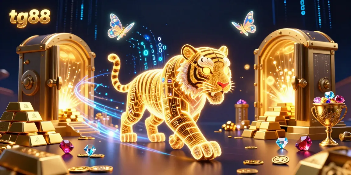 Engage with tg88's thrilling casino experience featuring a golden tiger in a vibrant 3D landscape.
