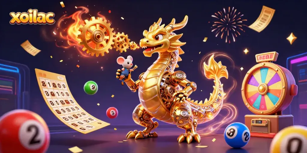Xoilac enhances your gaming experience with exciting lottery elements in an engaging 3D dragon scene.
