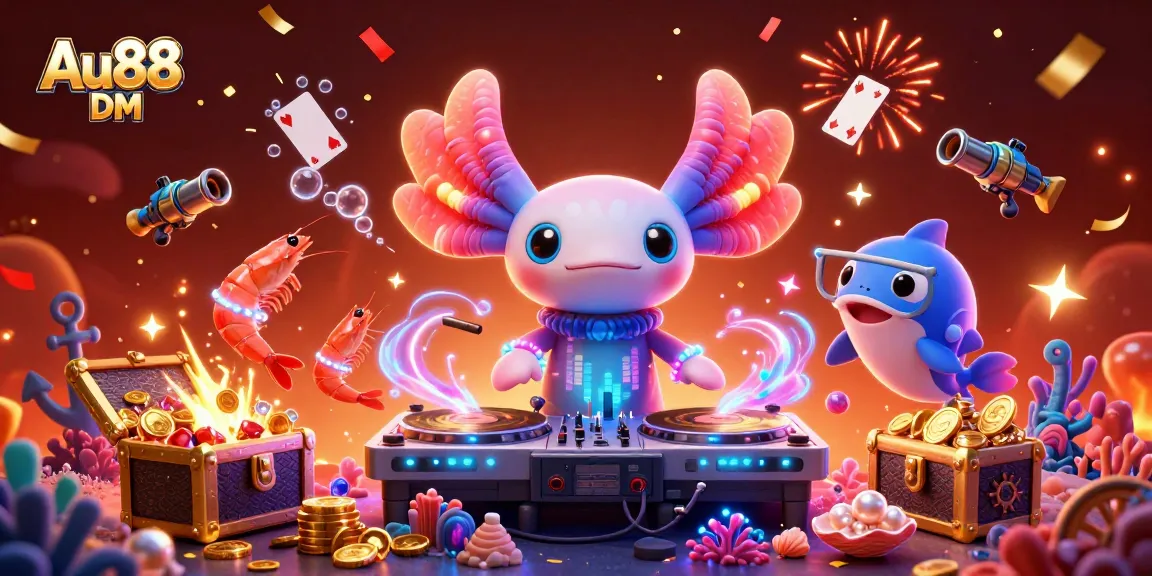 Engage with thrilling casino vibes at Au88 DM featuring a neon-colored axolotl DJ spinning vibrant music with festive elements.
