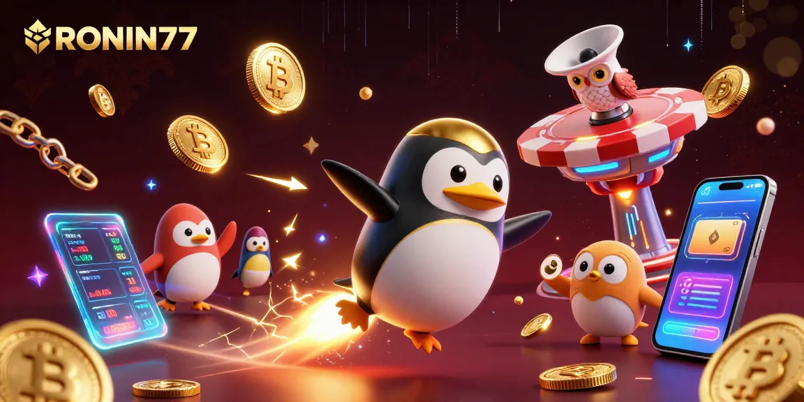 Experience the excitement of RONIN77 with a golden penguin racing to a casino in space, surrounded by crypto elements.