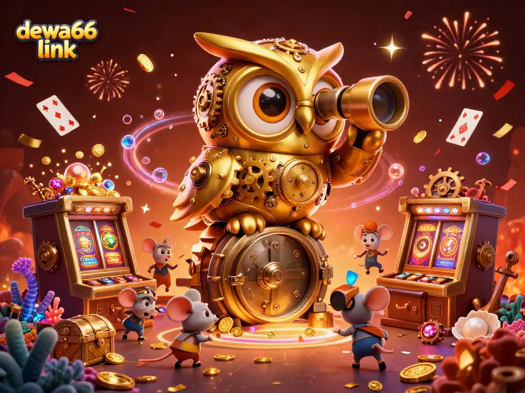 Engage with the exciting dewa66 link in this vibrant casino scene featuring an owl and animated slot machines.