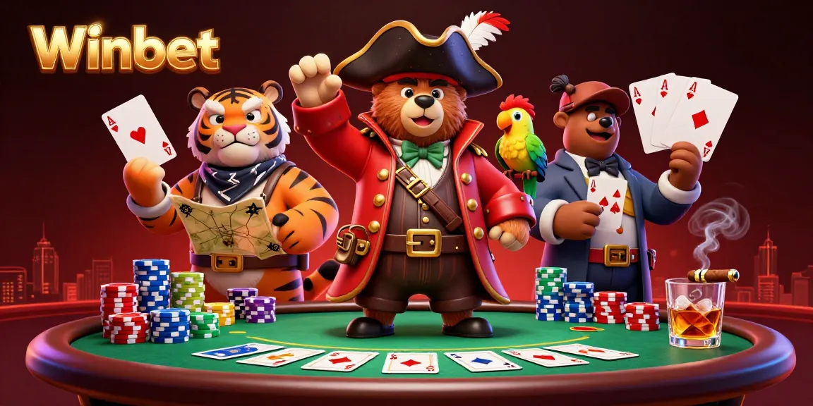 Winbet pirate-themed casino scene with vibrant poker elements and animated characters.