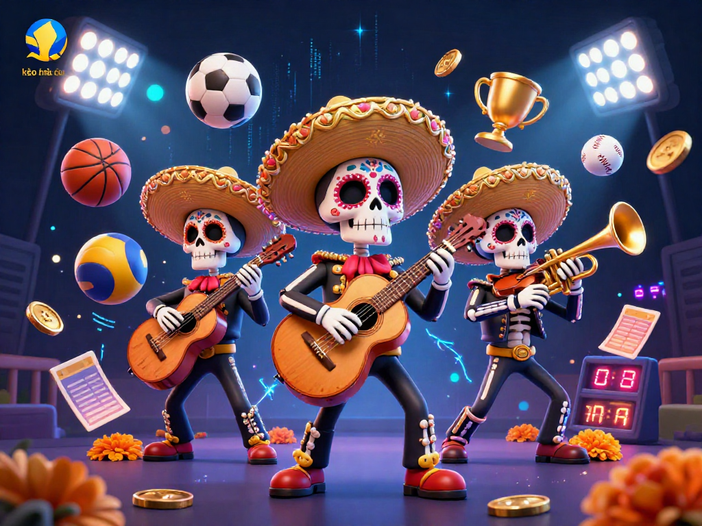 Engage with kèo nhà cái through an exciting 3D illustration featuring a lively mariachi band and sports betting elements.