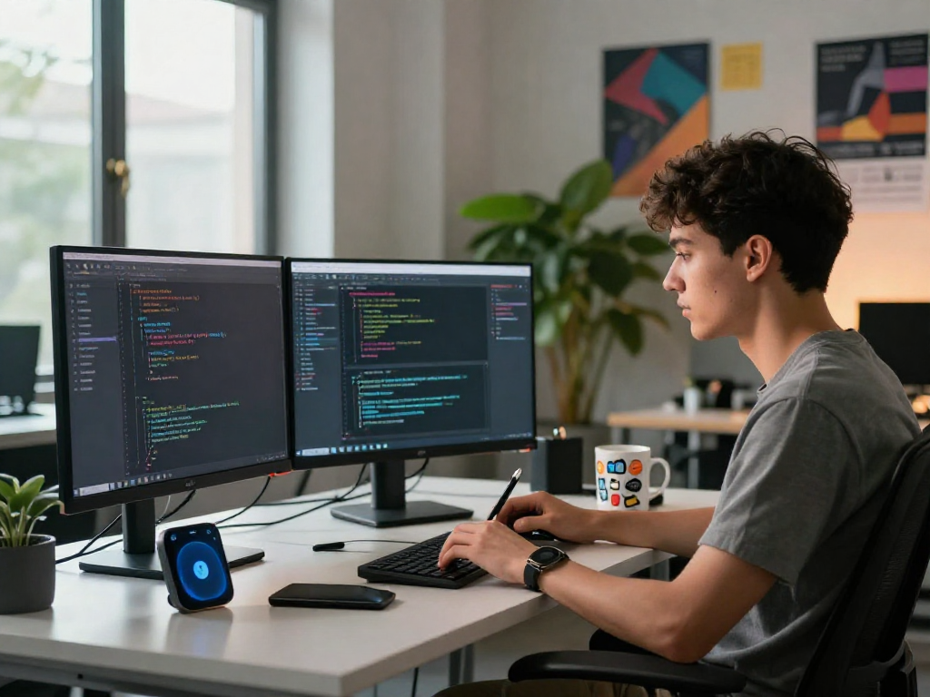 Gambar workspace modern dengan profesional muda fokus pada programming wifi 4d di meja kerja yang stylish.