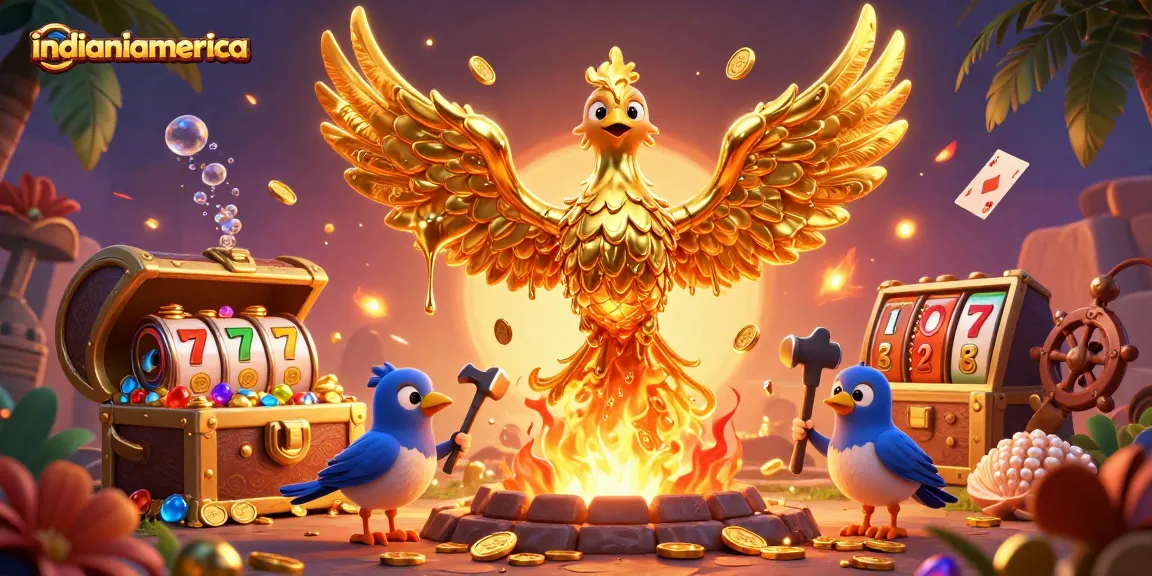 Experience the Indianiamerica magic in a vibrant 3D casino illustration packed with golden symbols, phoenix, and rich details.