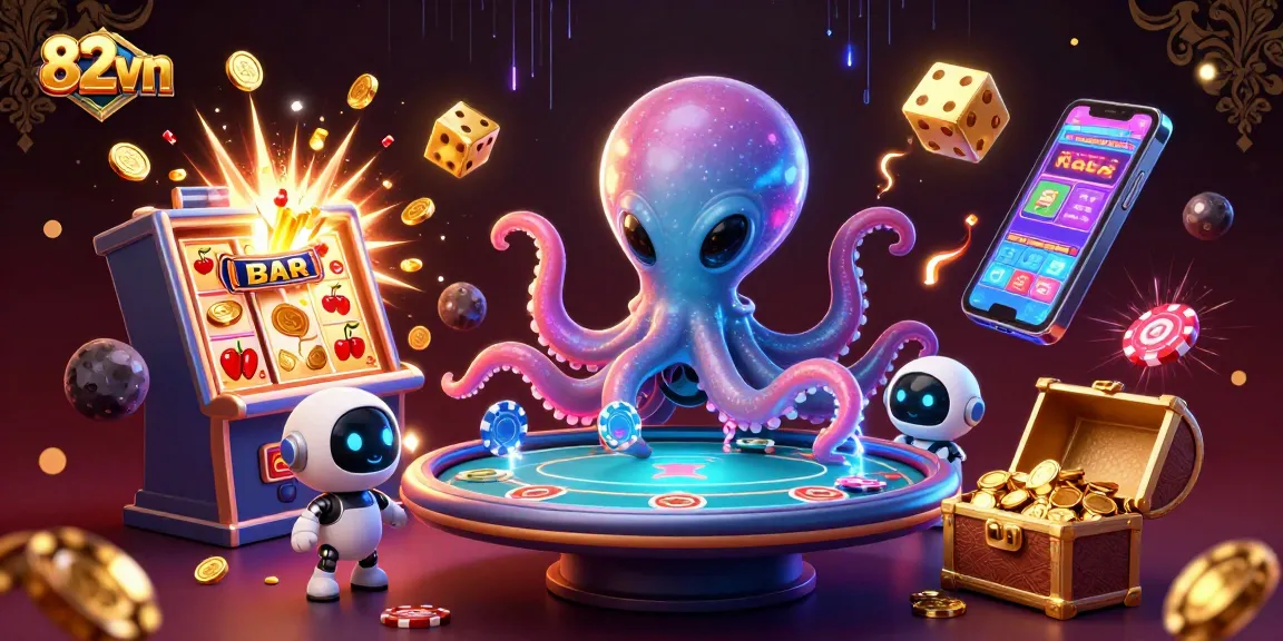 Engage in the thrilling world of 82vn with an alien octopus operating a holographic poker table amidst dazzling casino elements.