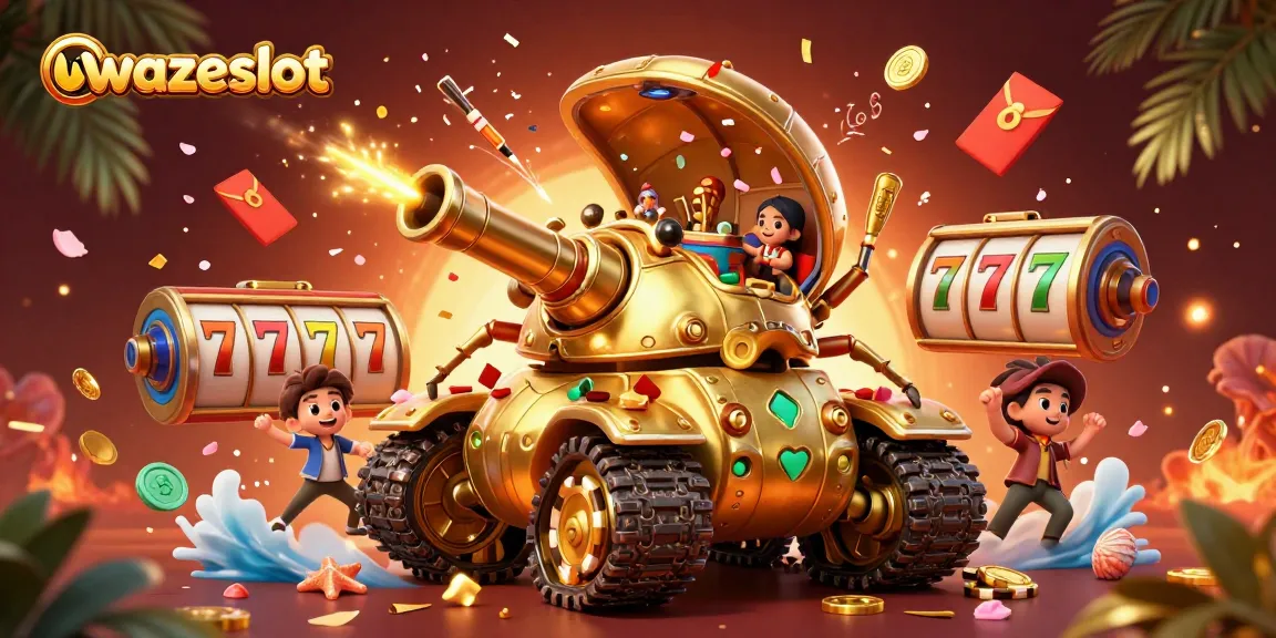 Play slots and win big with WAZESLOT in this vibrant 3D casino scene.