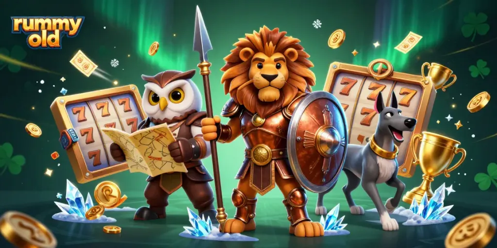 Experience vibrant rummy old gameplay with a heroic lion, owl strategist, and swift greyhound amidst animated casino elements.