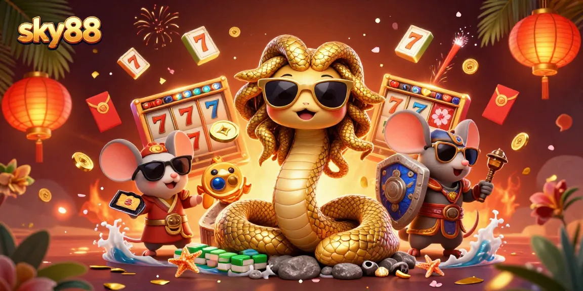 Experience big wins with sky88 in this vibrant casino-themed illustration showcasing dynamic gaming elements.