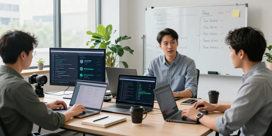 Developers discussing ChatGPT alternatives in a modern workspace, showcasing innovative AI tools.