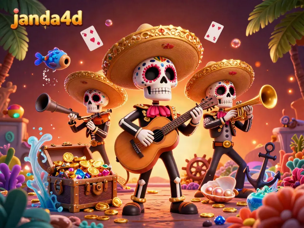 Nikmati keseruan bermain di janda4d dengan band mariachi kerangka yang enerjik mengelilingi harta karun dan kartu bermain.