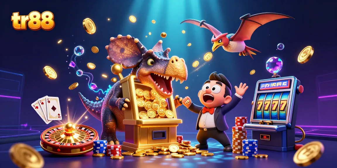 Watch the tr88 pachycephalosaurus jackpot scene with coins flying in a vibrant casino!