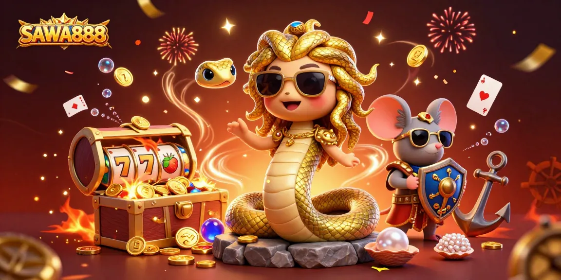 Engage with SAWA888's exciting online slots featuring a dynamic scene of characters and gaming elements.