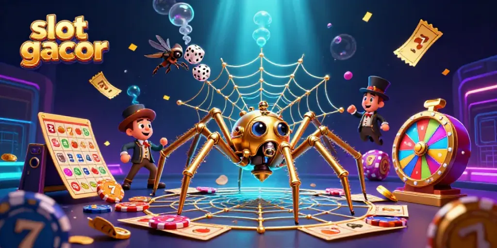 Experience slot gacor excitement as a golden spider traps dice, surrounded by vivid casino elements.