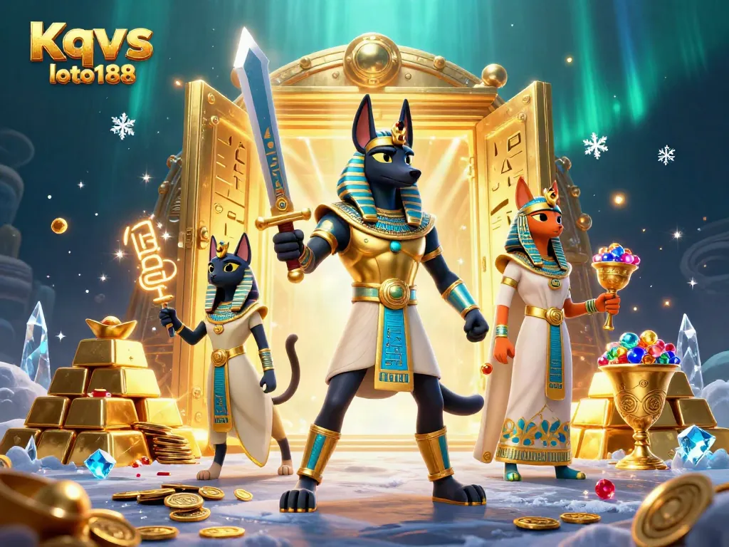 Kqxs loto188 showcases a vibrant scene of ancient Egyptian themed slots, filled with treasures and mystical characters.