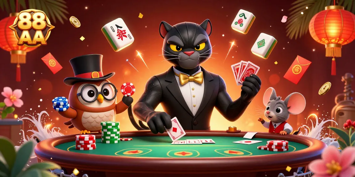 Experience thrilling 88 AA poker action with stylish cartoon characters and vibrant casino elements.