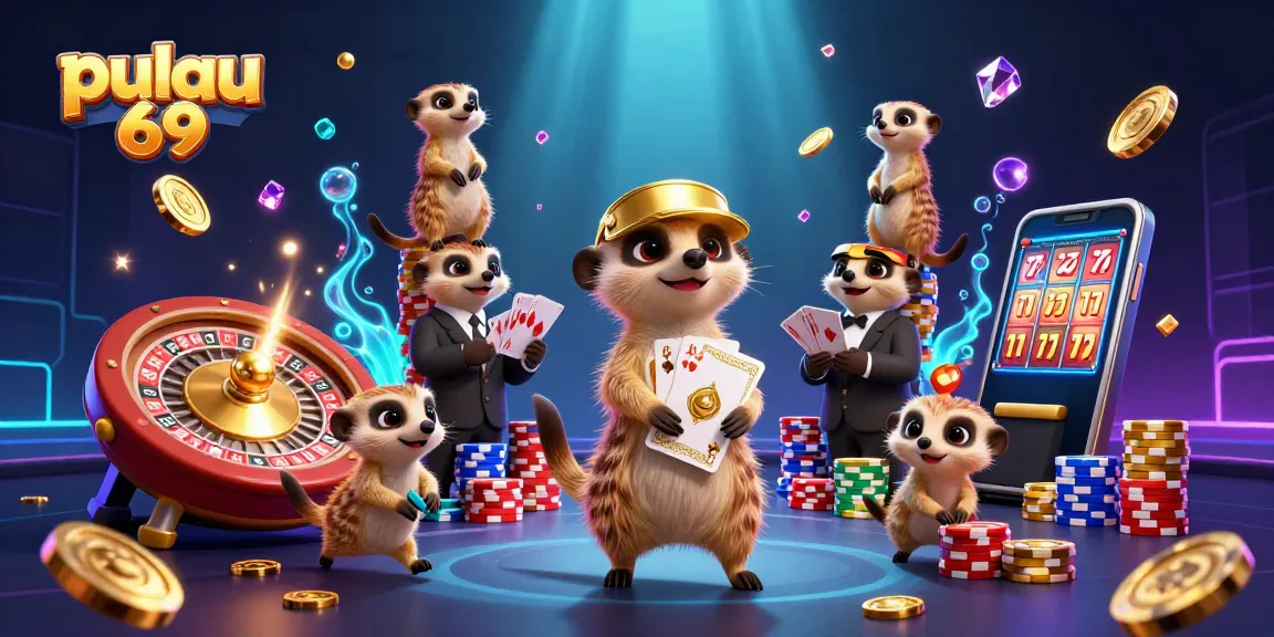 Pulau 69 meerkats engaging in casino games with colorful chips and dynamic elements.