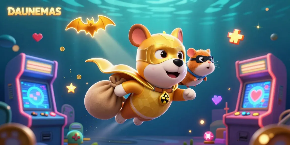Engage in thrilling gameplay with DAUNEMAS through a vibrant casino adventure illustration featuring a superhero dog.