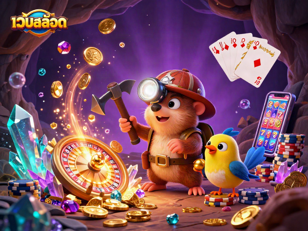 Experience the thrill of เว็บสล็อต with a treasure-hunting mole in a vibrant 3D casino scene full of excitement.