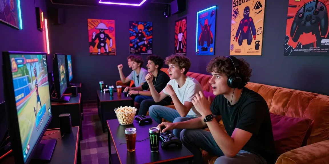 Friends at a hit club gaming lounge enjoying intense gaming together.
