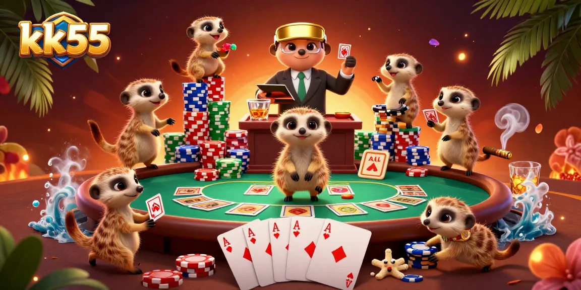kk55 meerkats running a casino, showcasing vibrant poker elements and a lively atmosphere