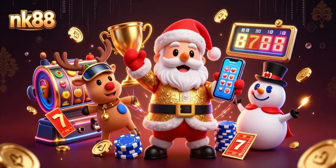 Experience the excitement of nk88 with Santa Claus celebrating jackpot wins in a vibrant casino scene.