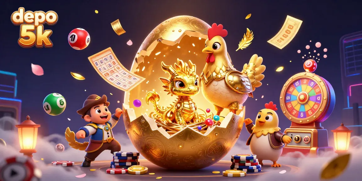 Experience the excitement of depo 5k amidst a vibrant casino setting featuring golden dragon and lottery elements.