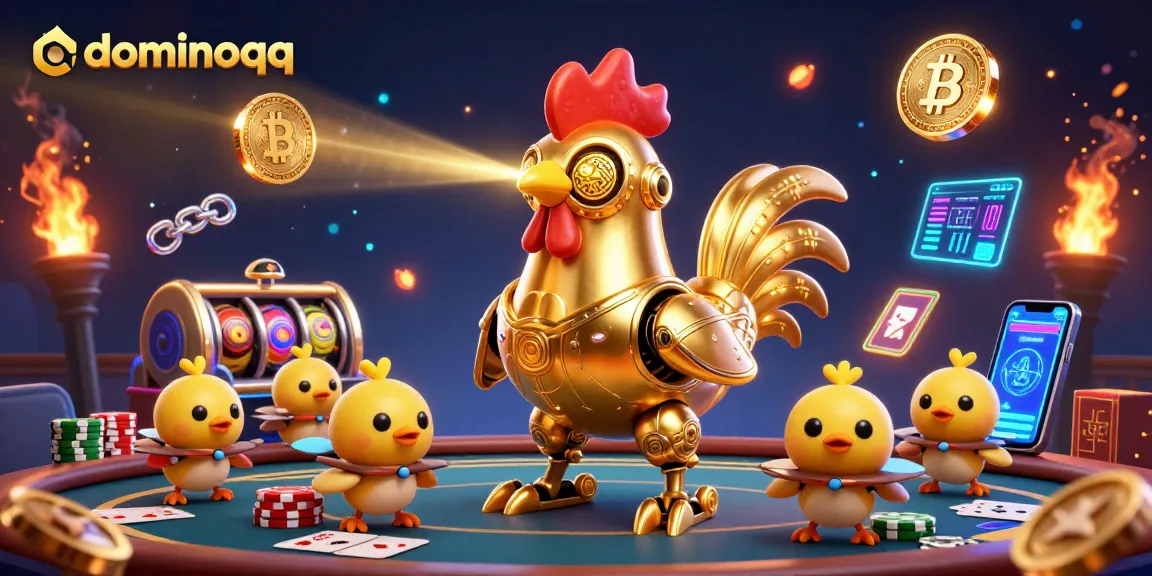 Experience thrilling gameplay in dominoqq with dynamic poker tables, chip stacks, and glowing crypto coins.