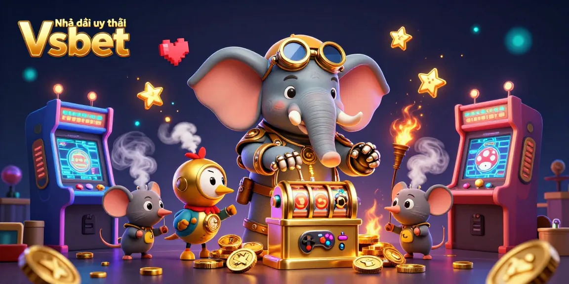 Engage with Nhà cái uy tín Vsbet through a vibrant 3D casino scene showcasing an elephant engineer and gaming elements.