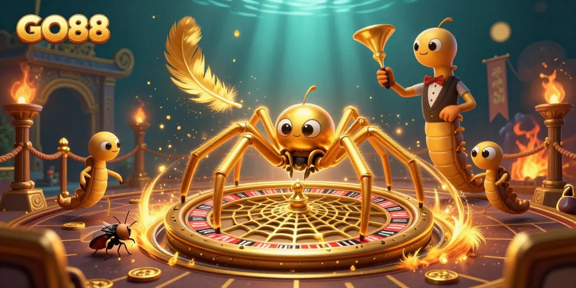 Experience GO88's thrilling roulette with a golden web spun by a cartoon spider, enhancing excitement in every bet.