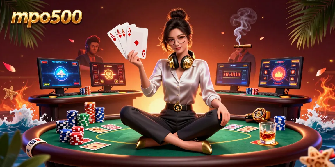 Engage in thrilling gameplay with mpo500 featuring an elegant Asian woman amidst vibrant casino elements.